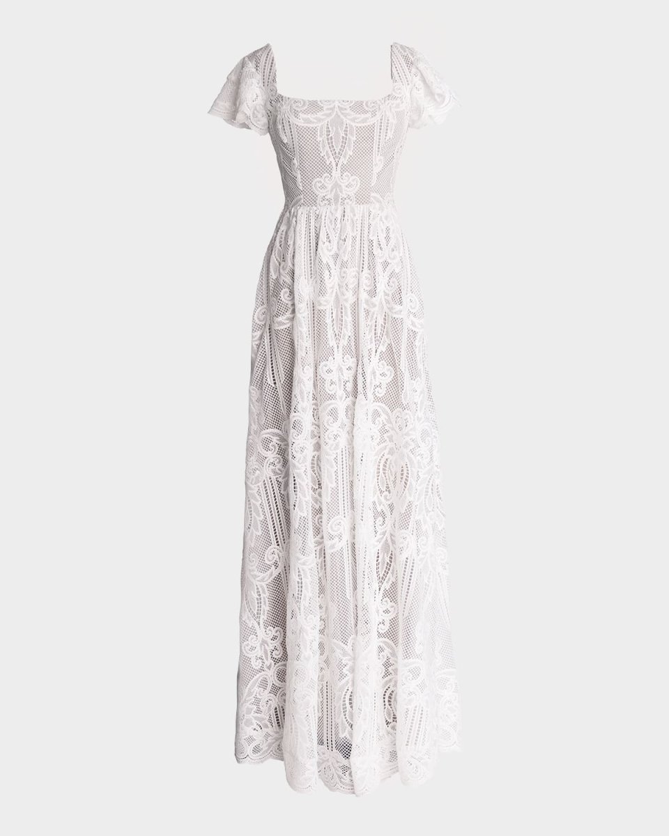 Janis Flutter-Sleeve Lace Maxi Dress